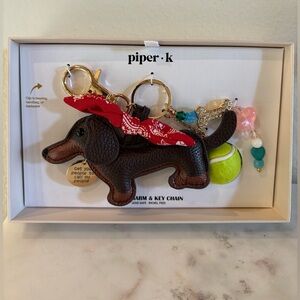 Piper Brown Dachshund Charm Keychain with Red Bandana and Yellow Tennis Ball